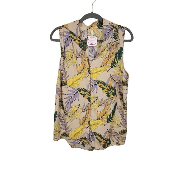 DNA Couture Sleeveless V-neck Tropical‎ Leaf Print Blouse in Tan - Size 1X - Picture 1 of 6